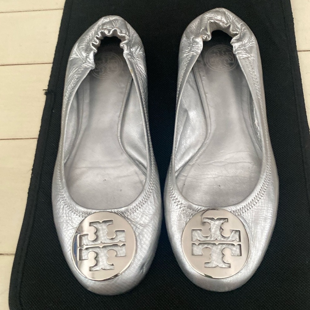 Tory Burch Silver Metallic Flats with Logo Medallion